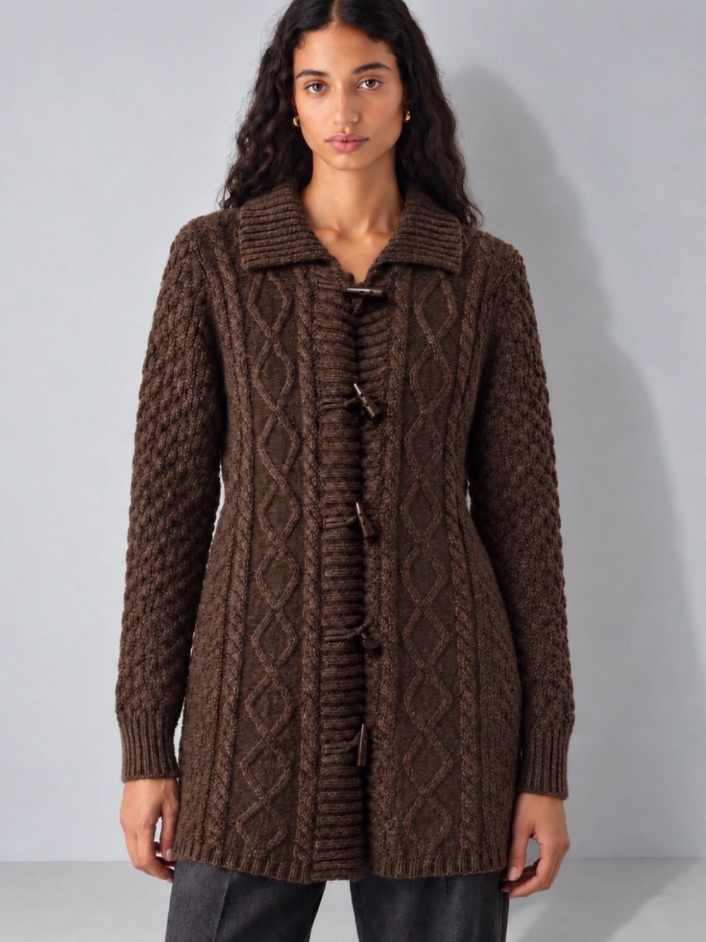 L.L. Bean Heritage Brown Wool Cable Knit Toggle Cardigan Sweater Size M